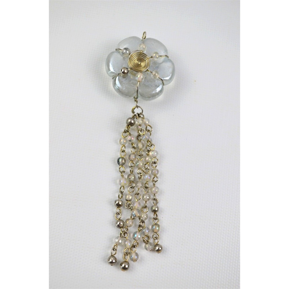 Vintage Silver Tone Large Lucite Pendant with Beaded Dangles 5"